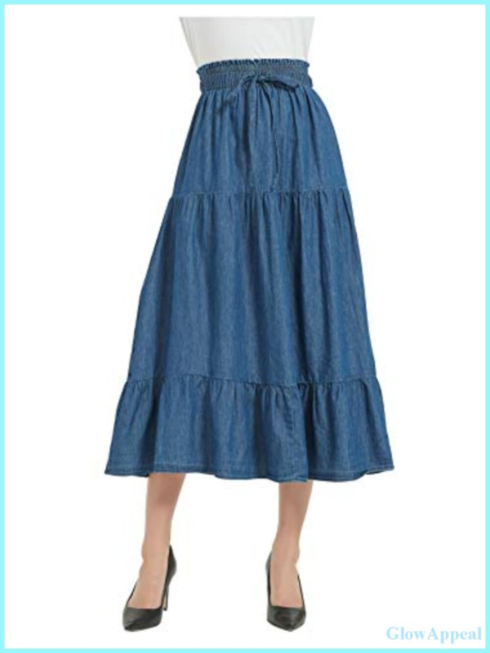 100% Cotton A-Line Midi Denim Skirt Tiered Ruffle Drawstring